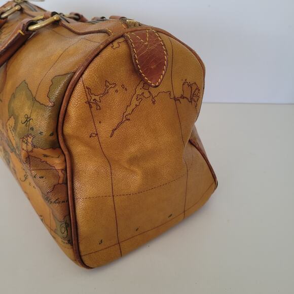 Alviero Martini Vintage Duffle Boston Bag Purse Map Pattern Leather Brown Large - Picture 9 of 16